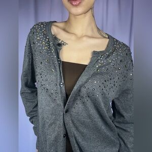 Merona Grey Rhinestone Open Cardigan Womens Size XL Button Up Y2K 2000s Chic